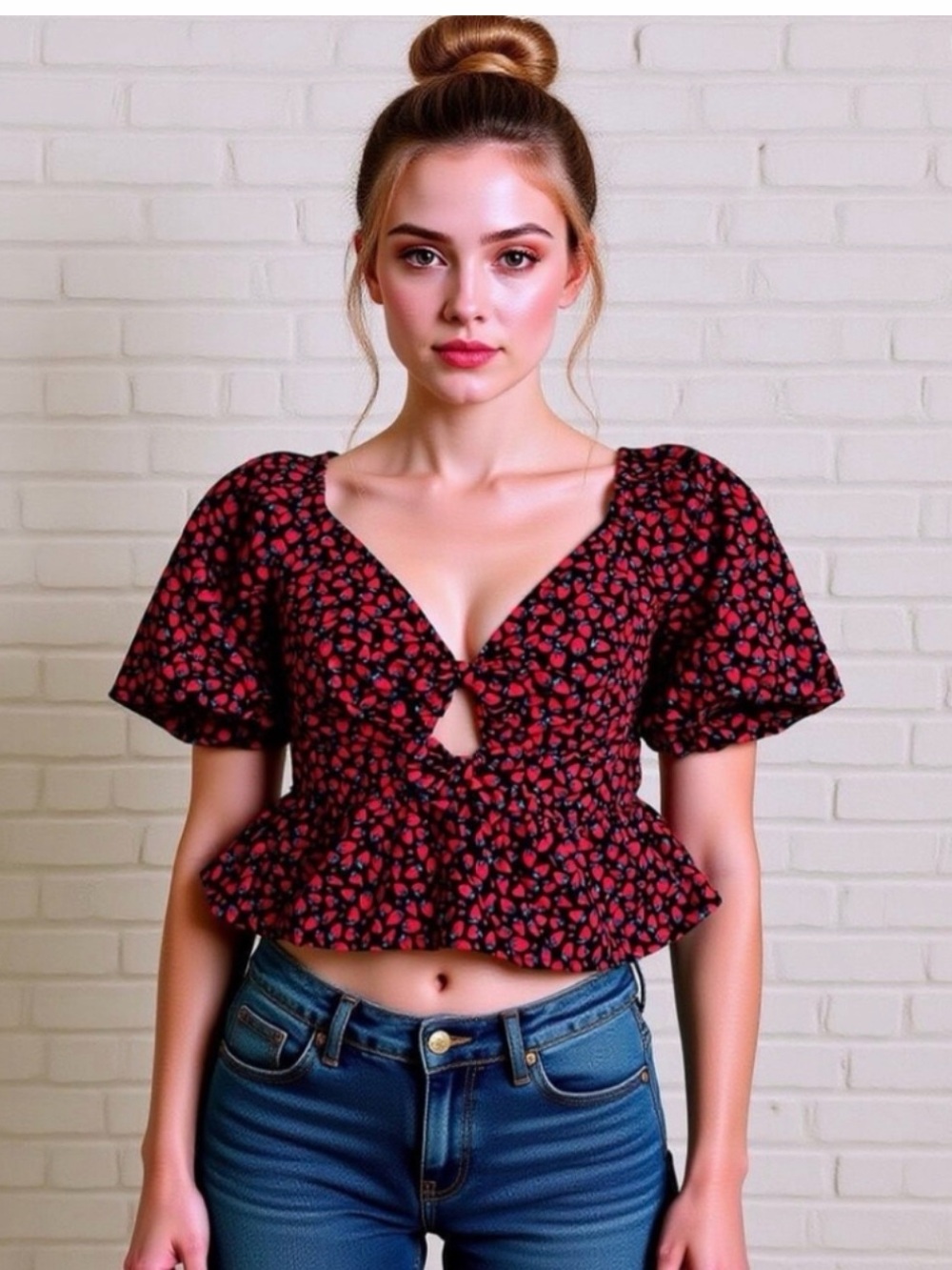 Band Of The Free Peplum Crop Top Women Size M Red Good Strawberry Puff Sleeve